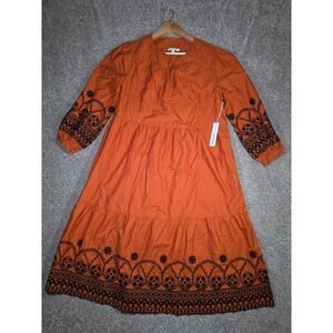 Chico's Burnished‎ Clay Orange Embroidered Midi Dress Sz 10 Balloon Boho NWT